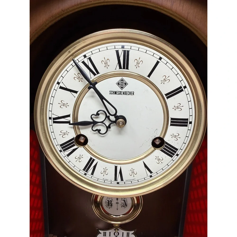 Vintage Schmeckenbecher Mantel Clock West Germany Wood Case Pendulum Winding Key